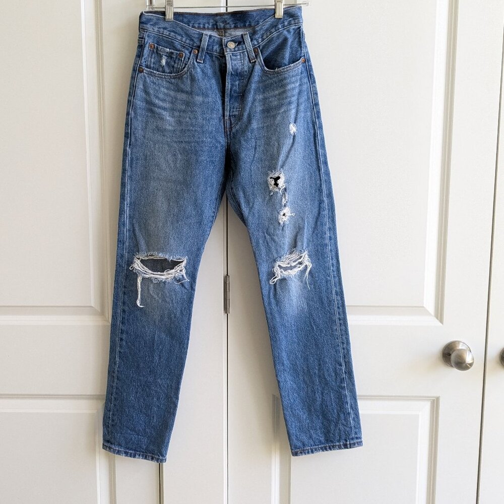 Levis 501 High Waist Straight Leg Button Fly Jeans 29x29 Cotton Denim Distressed